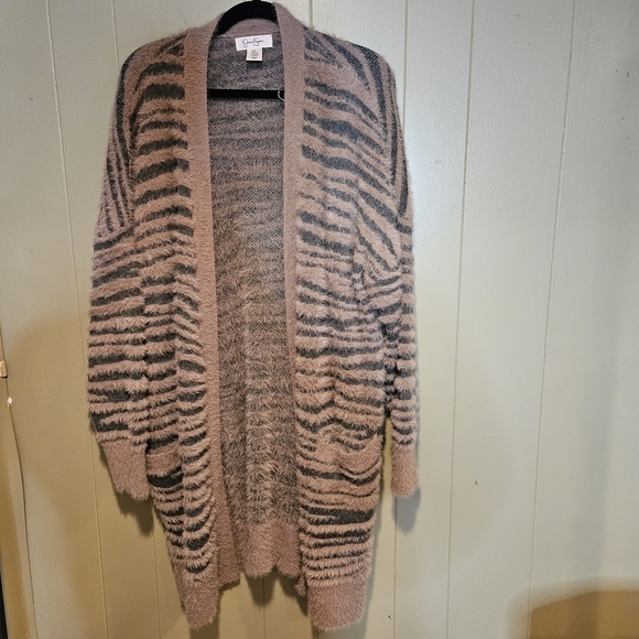 Jessica Simpson Sweaters - Jessica Simpson Taupe & Charcoal Zebra Print Fuzzy Open Front Cardigan Womens 2X